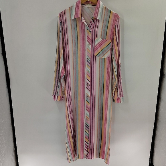 Velzera Striped Collared Shirt Dress Button Down Size Medium Midi Long sleeve - Picture 1 of 9